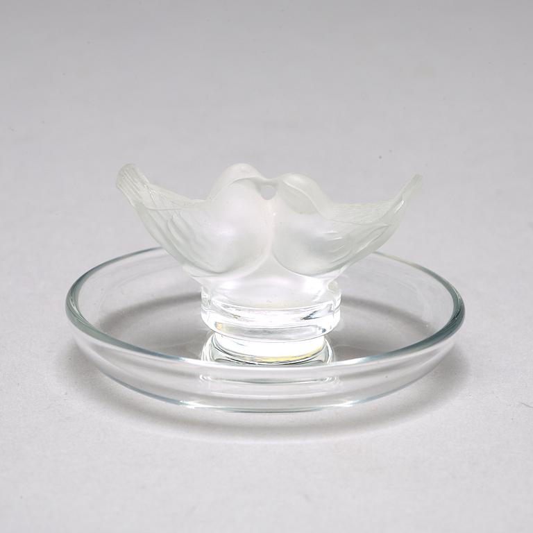 RENE LALIQUE, a cast glass box "Dahlia" and a dish "Deux Colombes", France, post 1951.