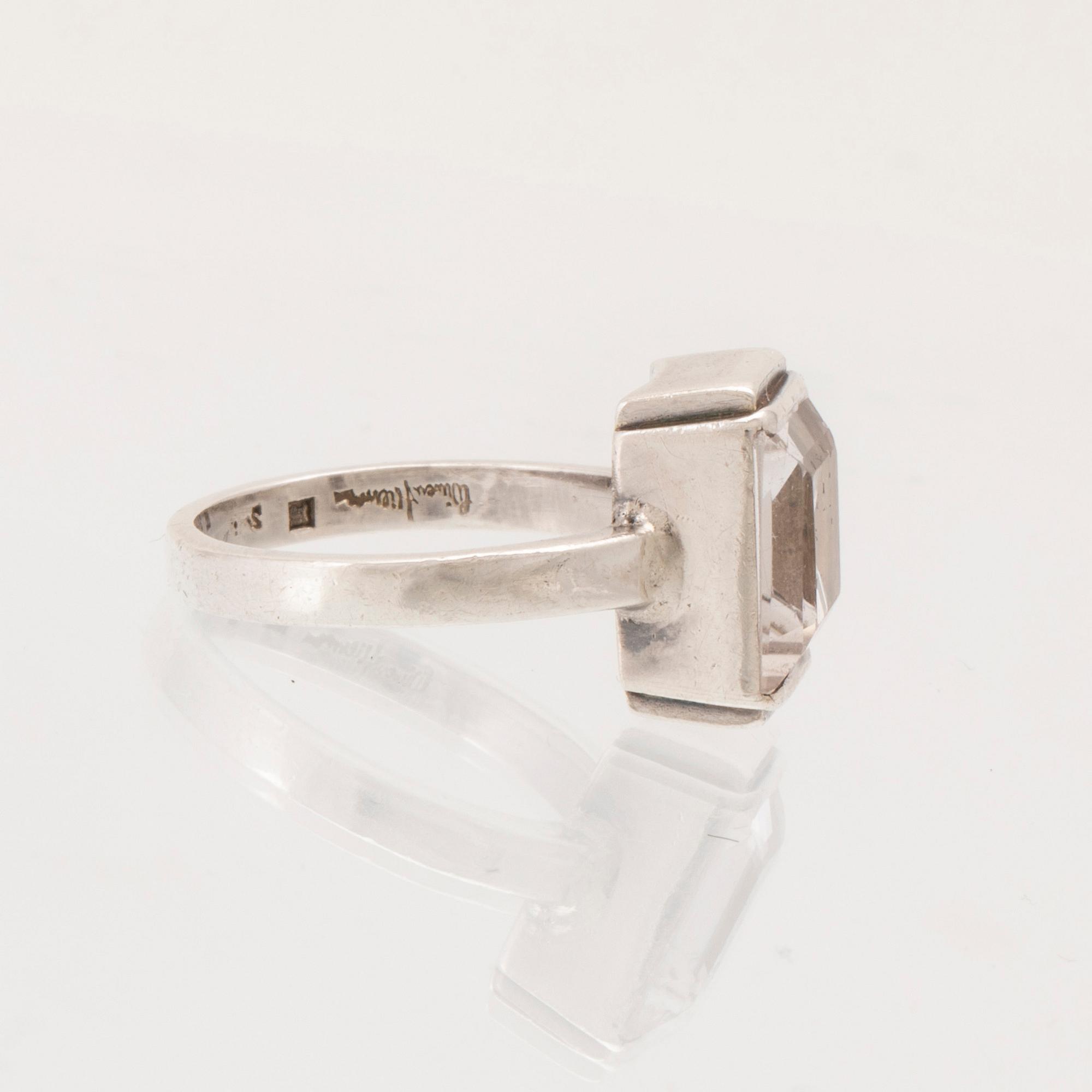 Wiwen Nilsson, ring silver med carréslipad bergkristall, Lund 1942.