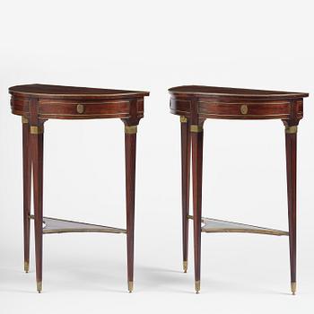A pair of late Gustavian mahogany consoles in the manner of A. Lundelius, Stochkolm, late 18th century.