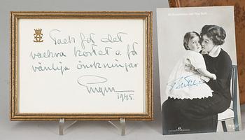 KUNGLIGA AUTOGRAFER, 2st SAMT BOK, Prins Eugen resp Prins Bertil, en dat 1945.