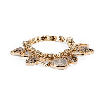 BETSEY JOHNSON, a golden bracelet with pendants and a watch.