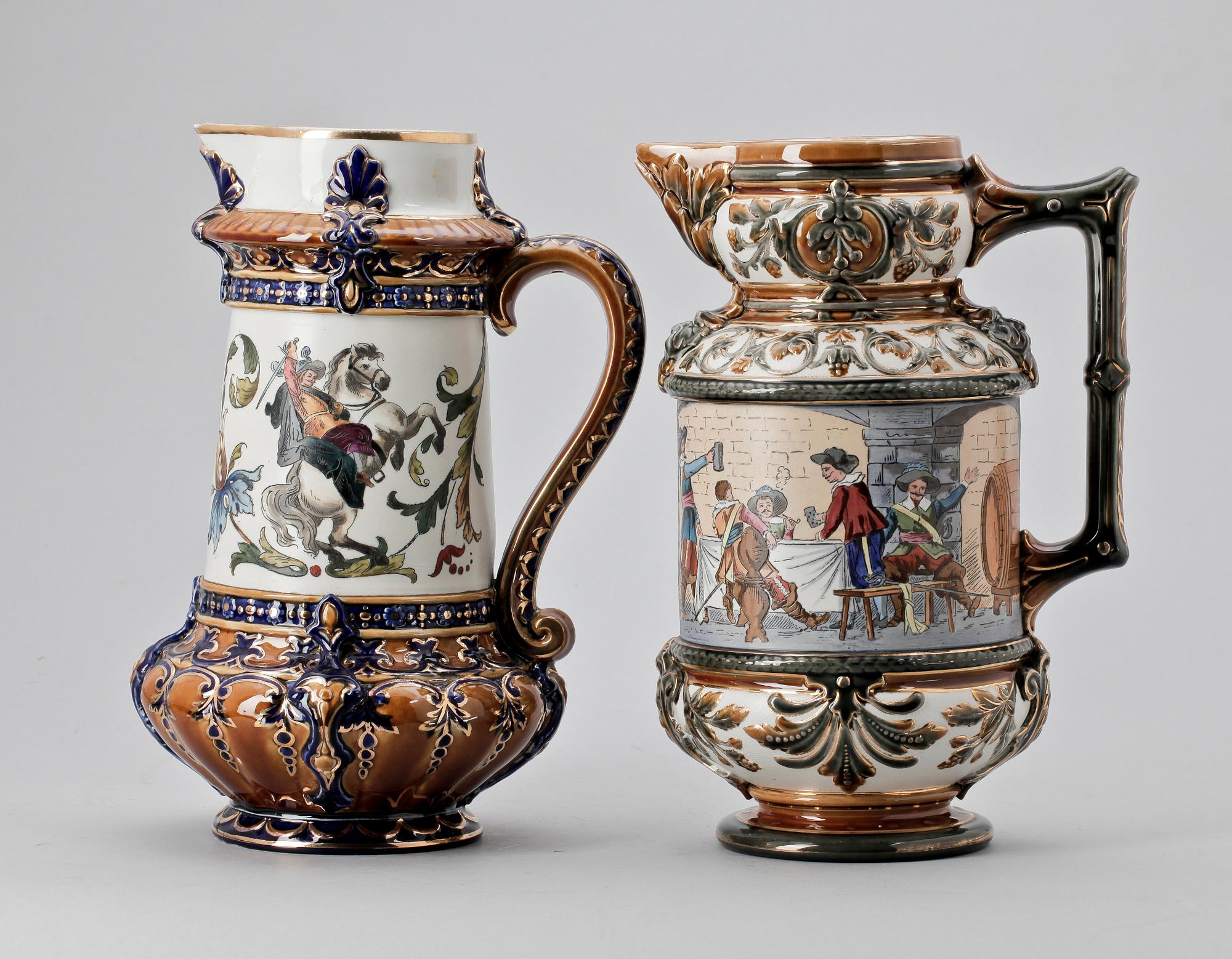 KANNOR, 2 st, flintgods, majolika, nyrenässans, Rörstrand, omkring 1900.