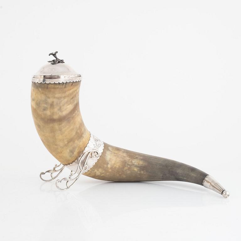 Drinking horn with lid, silver, Per Oskar Fredrik Närman, Mariestad 1876.