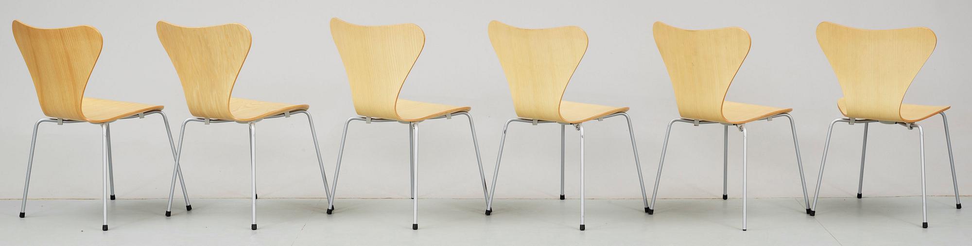 STOLAR, 6 st. "Sjuan", Arne Jacobsen, Fritz Hansen, Danmark.