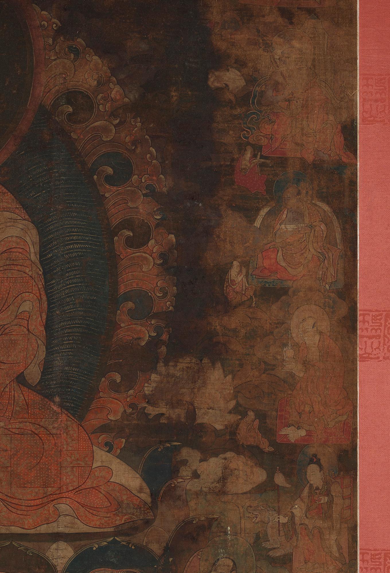 A Tibetan thangka of Shakyamuni Buddha with the eighteen  arhats, 18th century.