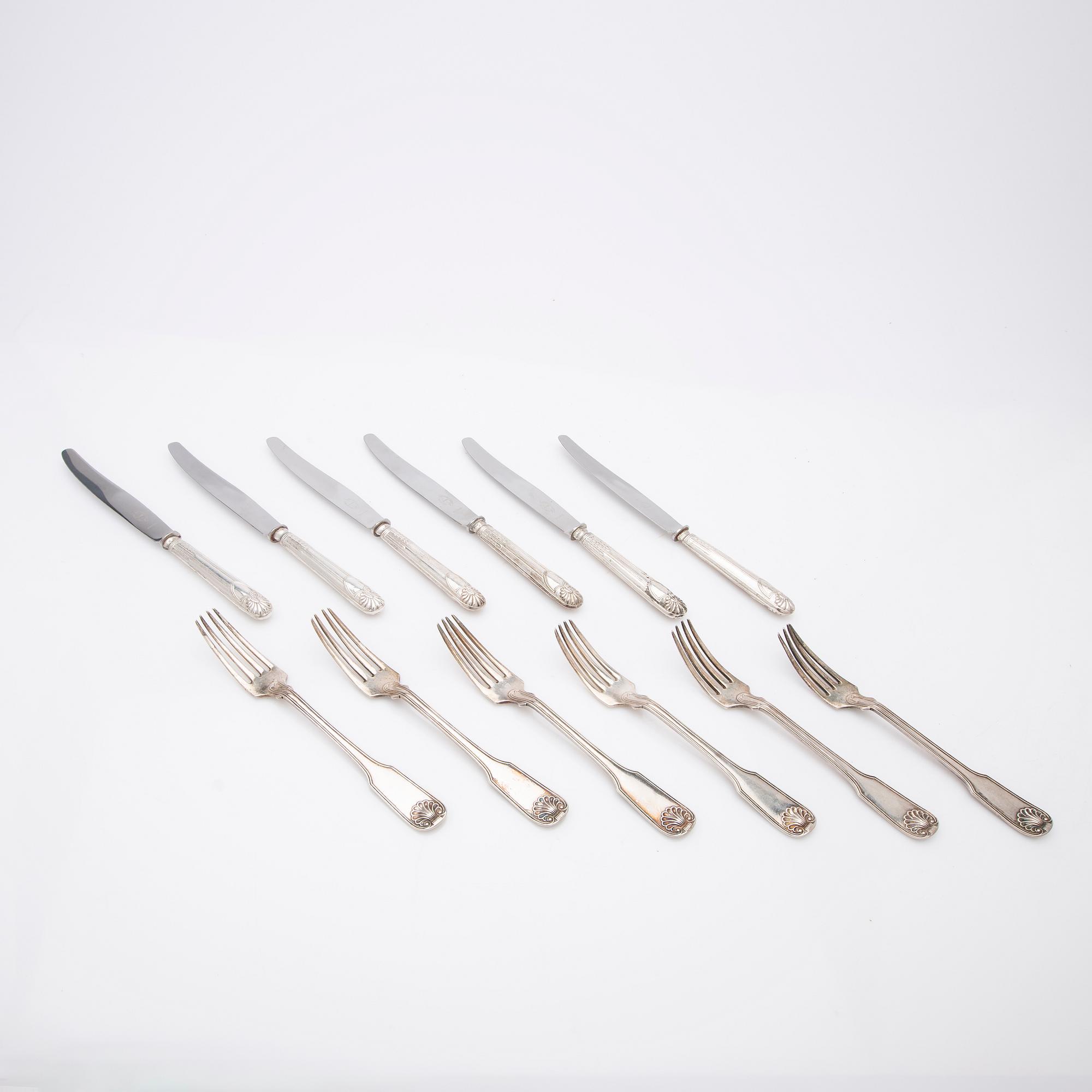Gustaf Möllenborg, Cutlery, 6 + 6, silver, Stockholm 1836.