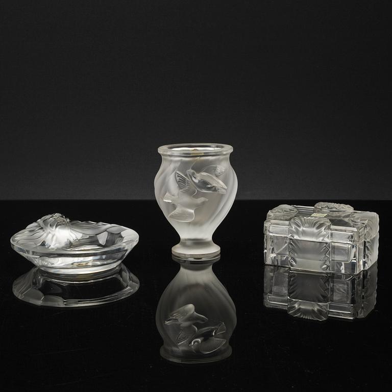 LALIQUE, 3 pcs glass, bowl, vase and box.