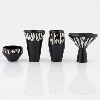 Carl-Harry Stålhane, four 'Unika' vases and bowls, stoneware, Rörstrand, Sweden, 1957.