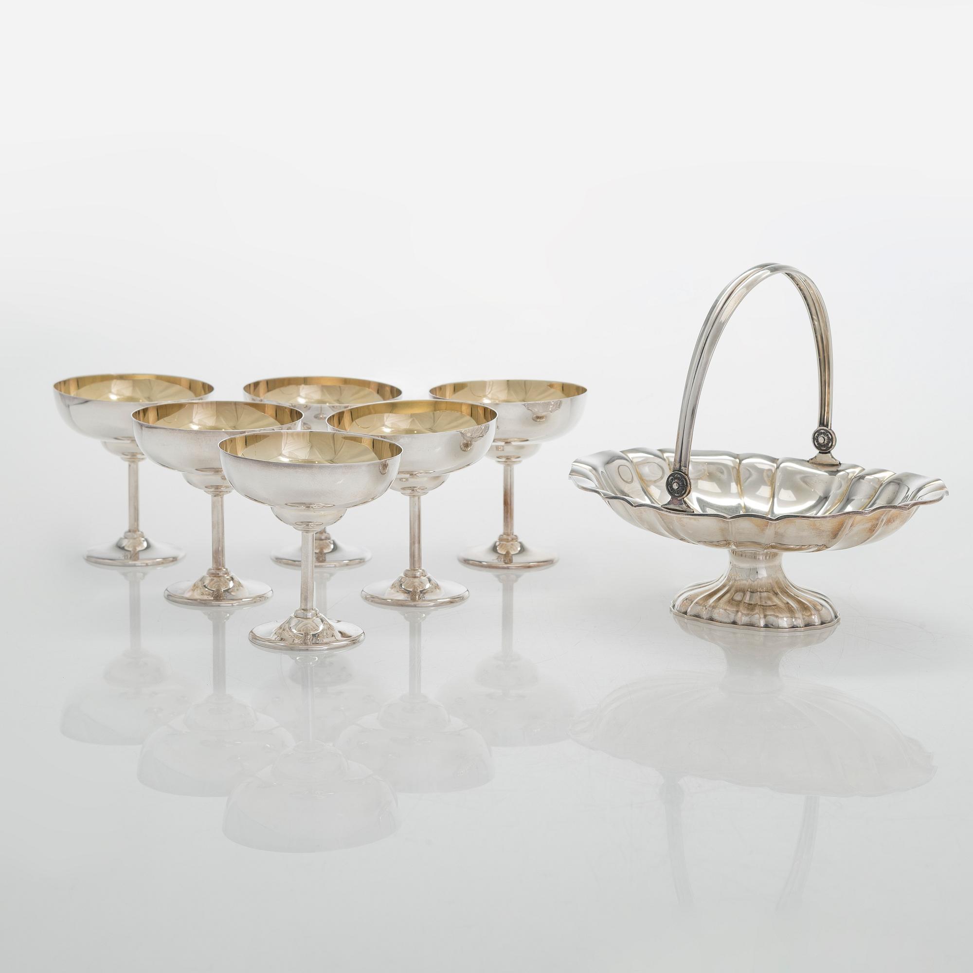 A set of six footed silver bowls, and a 
sweetmeat basket, Kultakeskus, Hämeenlinna 1943 and 1956.