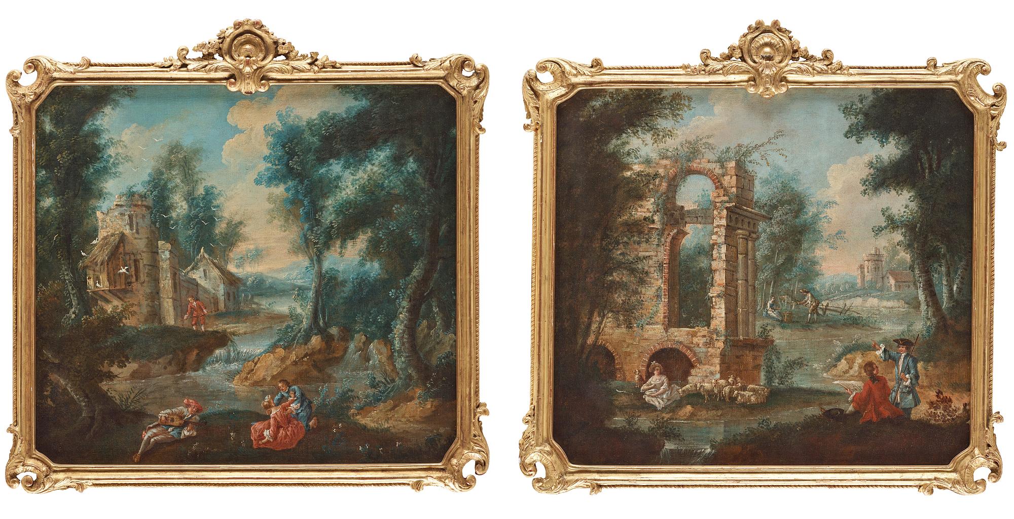 FRANSK KONSTNÄR, 1700-TAL. Dörröverstycken, ett par. Landskap med staffagefigurer.