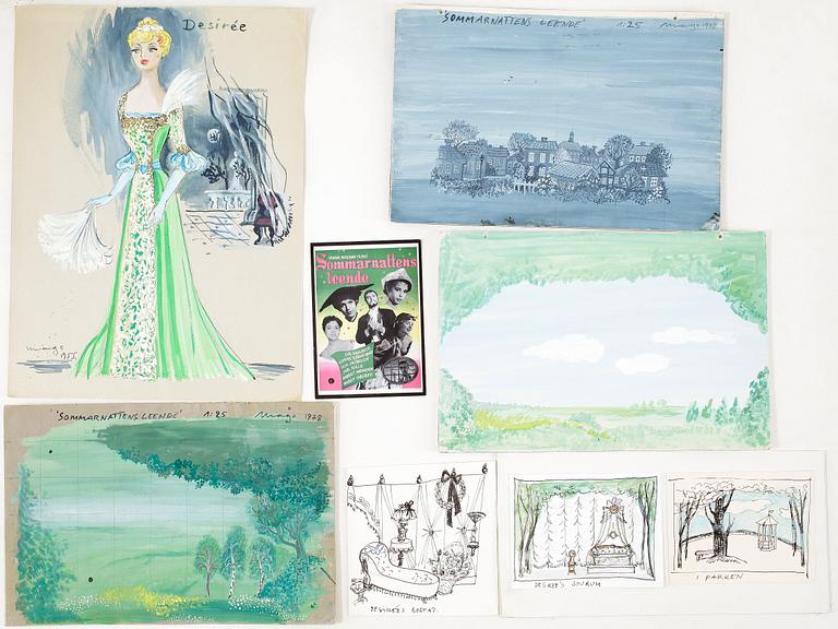 MAX GOLDSTEIN (MAGO), ca 35 st, dräktskisser, teckningar, blyertsskisser, "Sommarnattens leende", dat 1978.