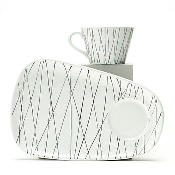 Stig Lindberg, "TV-koppar", 6 st med fat, fajans, Gustavsbergs studio 1950-tal.