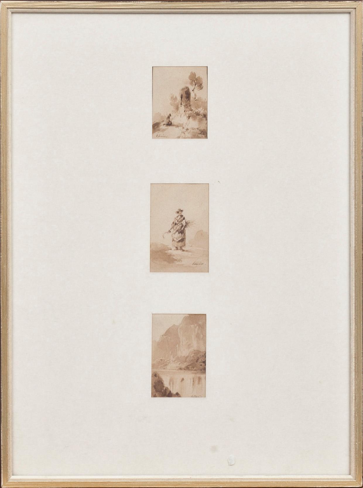 OKÄND KONSTNÄR, 3 st, tuschlaveringar, 1700/1800-tal, signerade.