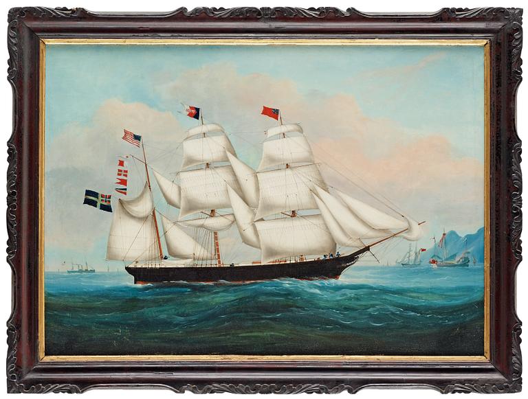 An oil painting by a Chinese artist of the ship "Falco" outside Hong Kong, Qing dynasty, circa 1865.