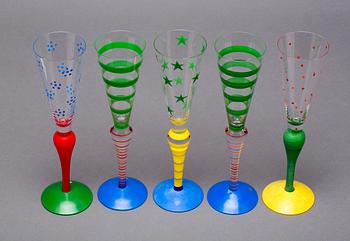 CHAMPAGNESTRUTAR, 5 st, glas, "Clown", Anne Nilsson, Orrefors.
