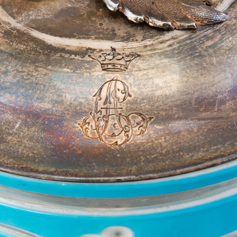 A RUSSIAN SILVER AND GLASS BUTTER DISH, Carl Gustav Ekqvist, Saint Petersburg, 1850s.