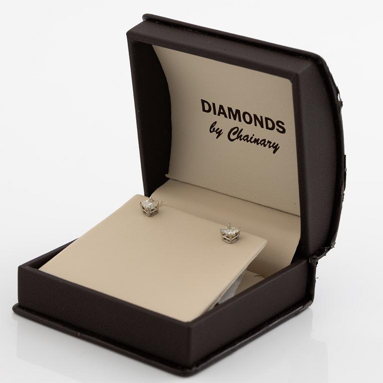 Earrings. a pair, 14K white gold with princess-cut diamonds.