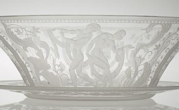 A Simon Gate engraved glass bowl with stand, Orrefors 1923.