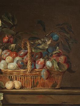 Pierre Dupuis Follower of, Still life with plums in a basket.