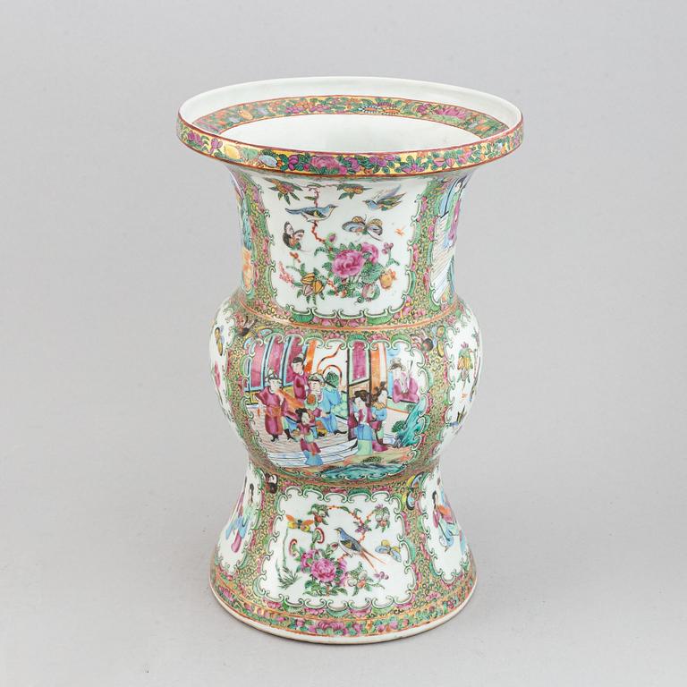 A large famille rose Canton gu shaped vase, Qing dynasty, late 19th century.