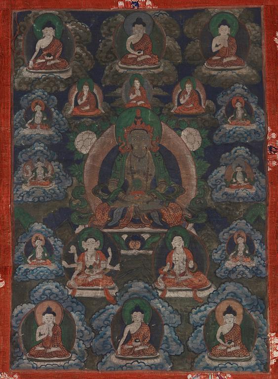 THANGKA (2), Bodhisattvas omgivna av buddhistiskt panteon, Beijing School, 1920-tal.