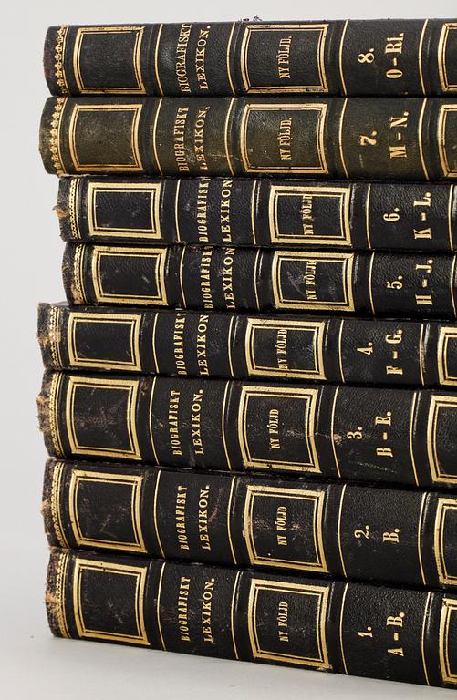 LEXIKON, 24 + 8 vol, "Biografiskt lexikon öfver namnkunnige svenske män" resp "Svenskt biografiskt lexikon, ny följd", blandat olika upplagor o tryckår, 1800-tal.
