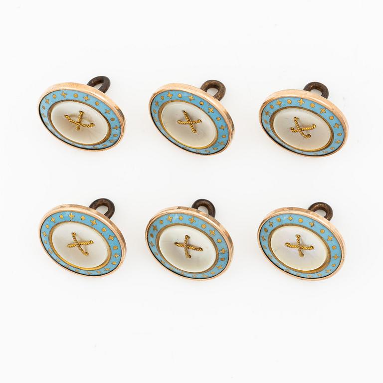 West/shirt buttons, six pieces, gilded with enamel and mother-of-pearl.