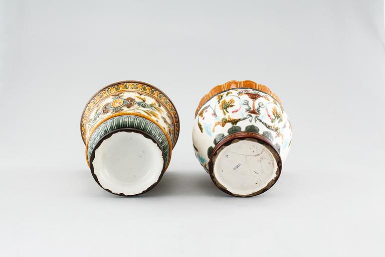 A majolica vase and two majolica flower pots from Rörstrand, around the year 1900.