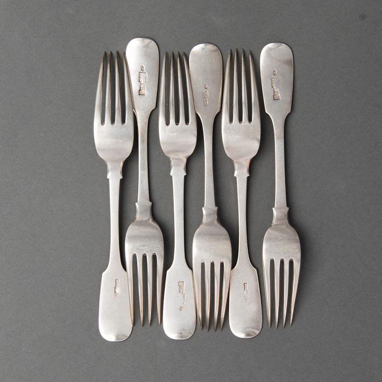 A set of six silver dinner forks, Saint Petersburg 1859-1860, C.J. Tegelsten's widow.