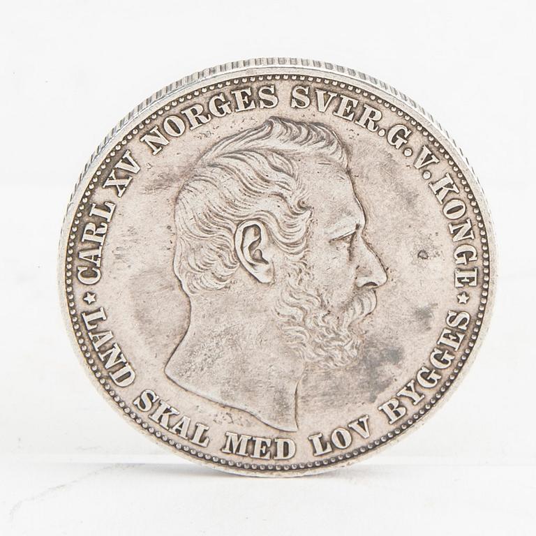 Mynt silver Norge, 1 Speciedaler, 1865, Karl XV kung av Norge och Sverige.
