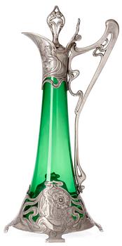 385. A WMF Art Noveau green glass and silver plated wine jug, Gemany.