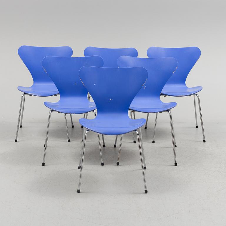 ARNE JACOBSEN, STOLAR, 6 st, "Sjuan", märkta, Fritz Hansen, Danmark, 1980-tal.