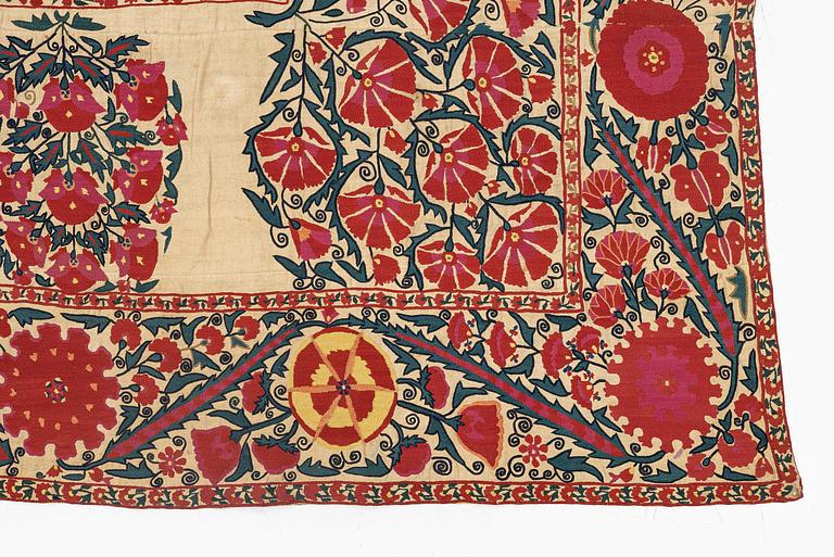 A 19th century Suzani embroidery, probably Nurata region, Uzbekistan, c. 243 x 175 cm.