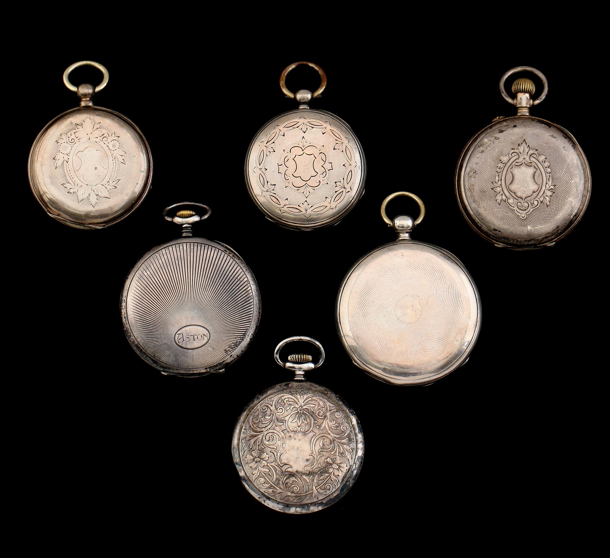 FICKUR, 6 st, varav tre silver, tre vitmetall, bl a Eterna, 1900-talets första hälft.