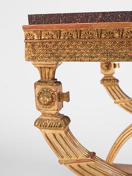 An Empire giltwood and 'Blyberg' porphyry console in the manner of J. Frisk, Stockholm early 19th century.