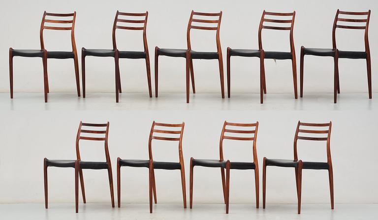 A Niels Ole Møller palisander dining table and nine chairs, J.L. Møller, Denmark 1950's-60's.