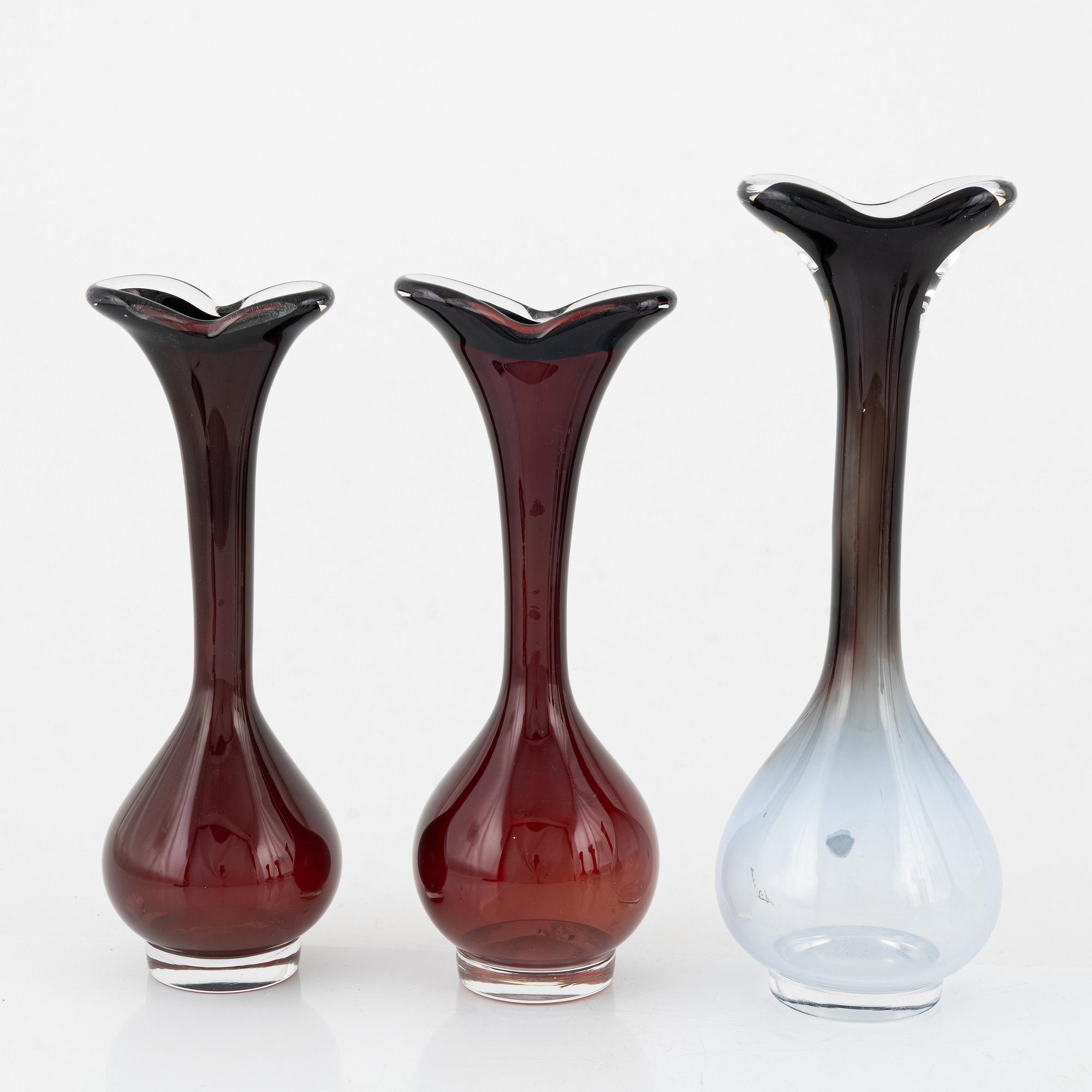 Nils Landberg, vaser, 7 st, glas, "Tan-si", Orrefors, omkring 1900-talets mitt.