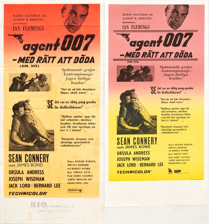 Film Posters, 2 pcs, James Bond "Agent 007 with a Licence to Kill (Dr No)" 1973.