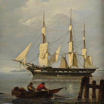 François Carlebur, Fishing boats on the shore and a frigate at anchor.