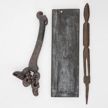 A group of three wooden Asmat carvings, Indonesia, Jakarta, 20th century.