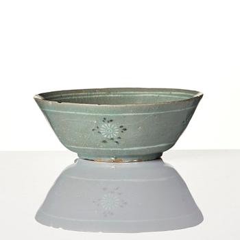 Two inlaid celadon stoneware bowls, Korea, Goryeo dynasty (13th century).