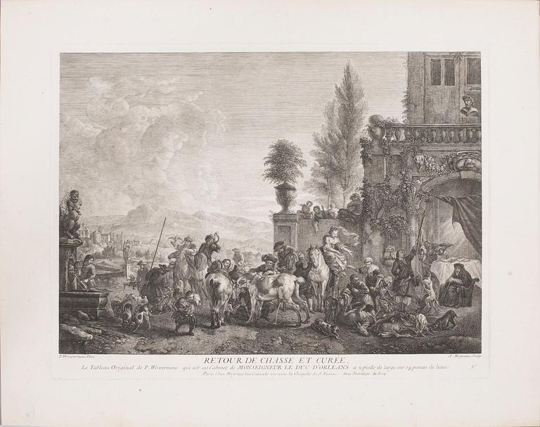 PHILIPS WOUWERMAN, after, six unframed coppar engravings, 18th century.