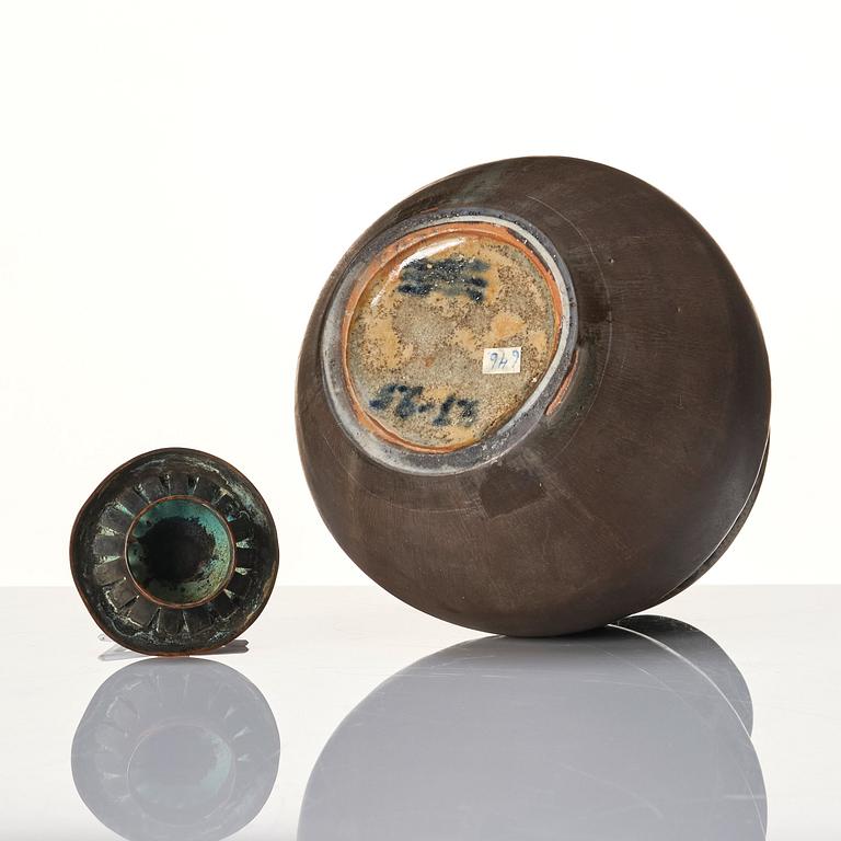 Patrick Nordström, attributed to, a stoneware urn with lid and mouth of patinated bronze, Royal Copenhagen, Denmark circa 1900.