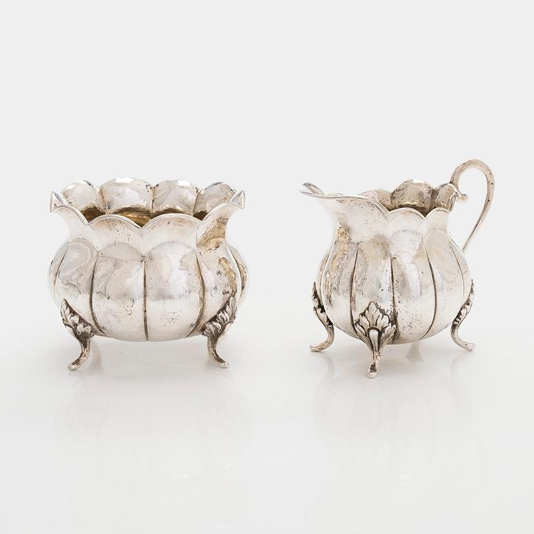 Silver cream jug and sugar bowl, possibly Germany, pseudo marks, import marked Hugo Grün, Helsinki 1931.