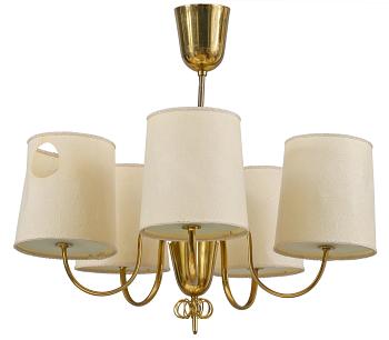 Paavo Tynell, A FIVE-LIGHT CEILING LAMP, Brass and frosted opal glass, shades in parchment imitation.