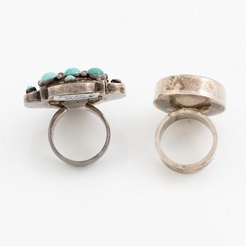 Two rings, silver with turquoise-coloured stones, KI Johansson, Gothenburg 1968 and Finland.