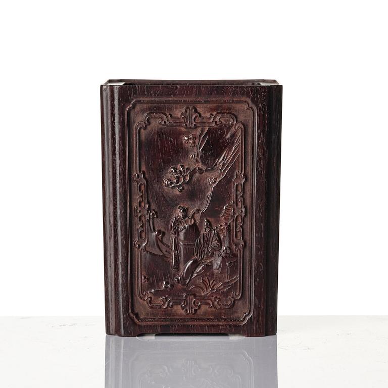 A well carved box with cover and brush pot, China, presumably Republic.