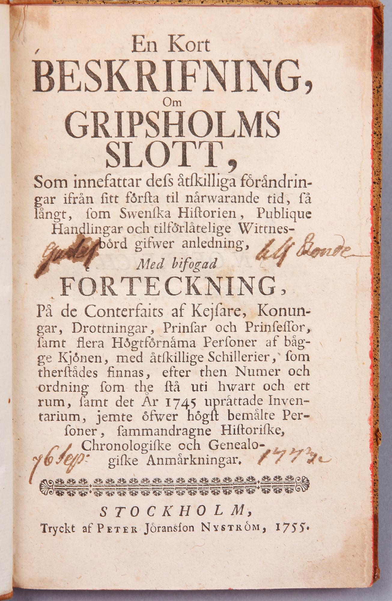 BOK, "En kort beskrifning om Gripsholms slott" av Carl Fredrich Ljungman, Stockholm 1755.
