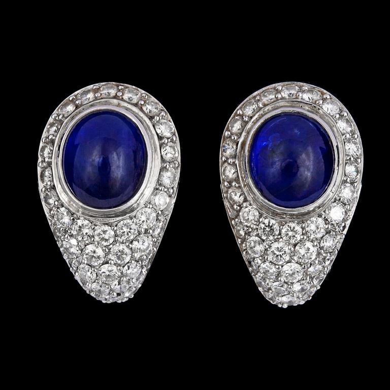 A pair of WA Bolin cabochon cut blue sapphires and brilliant cut diamonds, tot. app. 2 cts.