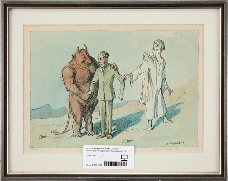 ROBERT HÖGFELDT, 2 st, handkolorerad litografi samt tuschteckning.